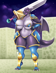 Size: 980x1270 | Tagged: suggestive, alternate version, artist:mleonheart, dragon, ender dragon, fictional species, anthro, digitigrade anthro, minecraft, 2021, armor, belly button, big breasts, bikini, blushing, breasts, cameltoe, claws, cleavage, clothes, cloud, detailed background, digital art, dragon wings, dragoness, eyelashes, female, gloves, hand on hip, horn, horns, huge breasts, jean?, knee pads, legwear, long gloves, looking at you, micro bikini, night, open mouth, scales, shoulder pads, sky, solo, solo female, stars, stockings, swimsuit, sword, tail, textless version, the end, thick thighs, thighs, tongue, unconvincing armor, voluptuous, weapon, wide hips