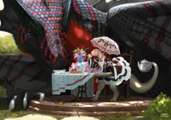 Size: 1783x1252 | Tagged: safe, artist:madness_demon, dragon, fictional species, lizard, reptile, anthro, feral, black scales, clothes, dress, drink, duo, female, holding, maid outfit, male, parasol, red scales, scales, size difference, tail, tail hold, tea, tea time, umbrella, white scales, wings
