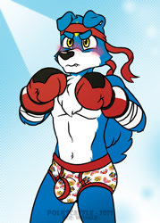 Size: 914x1280 | Tagged: suggestive, artist:polkscastle, fictional species, gaomon, anthro, digimon, nickelodeon, paw patrol, belly button, black nose, blushing, boxing gloves, bulge, chest fluff, clothes, commission, digital art, ears, embarrassed, fluff, fur, gloves, headband, male, pecs, simple background, solo, solo male, tail, thighs, underwear