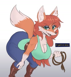 Size: 1677x1819 | Tagged: safe, artist:cooliehigh, zoologist (terraria), canine, fox, mammal, anthro, terraria, 2021, bent over, big breasts, big butt, black nose, boots, bottomwear, breasts, butt, chest fluff, cleavage, clothes, ear fluff, eyebrows, eyelashes, eyeshadow, female, fluff, fur, green eyes, hair, lasso, long hair, looking at you, makeup, multicolored fur, open mouth, open smile, orange body, orange fur, orange hair, pants, shoes, shoulder fluff, simple background, smiling, smiling at you, solo, solo female, tail, tail fluff, teeth, thick thighs, thighs, tongue, topwear, two toned body, two toned fur, vixen, white background, white body, white fur