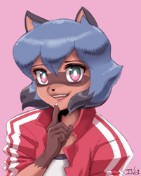 Size: 1000x1242 | Tagged: safe, artist:johnjoseco, michiru kagemori (bna), canine, mammal, raccoon dog, anthro, bna: brand new animal, 2021, black hair, blue hair, brown body, brown fur, bust, clothes, cute, eyebrows, eyelashes, female, fur, gloves (arm marking), hair, jacket, looking at you, mask (facial marking), multicolored eyes, multicolored hair, open mouth, open smile, pink background, short hair, simple background, smiling, solo, solo female, teal eyes, teeth, topwear, two toned eyes, two toned hair