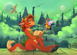 Size: 4960x3508 | Tagged: safe, artist:namoogly, elora (spyro), spyro the dragon (spyro), dragon, fairy, faun, fictional species, mammal, western dragon, anthro, feral, humanoid, unguligrade anthro, spyro the dragon (series), 2021, book, brown body, brown fur, brown hair, clothes, detailed background, dipstick tail, duo focus, ears, eyes closed, female, flying, fur, hair, high res, hooves, leaf, looking at each other, male, moon, outdoors, pencil, planet, saturn, short hair, sitting, tail, tan body, tan fur, torn ear, wings, zoe (spyro)