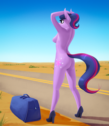Size: 1595x1842 | Tagged: suggestive, artist:apocheck13, twilight sparkle (mlp), equine, mammal, pony, anthro, friendship is magic, hasbro, my little pony, anthrofied, artistic nudity, bag, breasts, butt, casual nudity, clothes, cutie mark, day, desert, female, fur, hair, high heels, mare, multicolored hair, multicolored tail, nudity, outdoors, purple body, purple fur, road, shoes, solo, solo female, standing, tail