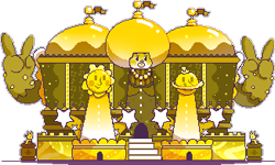 Size: 326x195 | Tagged: safe, artist:keoen, part of a set, bear, mammal, anthro, nintendo, rhythm heaven, castle, female, gesture, gold, happy, low res, peace sign, pixel art, simple background, solo, solo female, stars, tibby's mom (rhythm heaven), transparent background