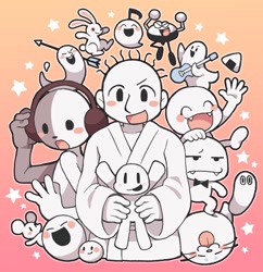 Size: 1112x1149 | Tagged: safe, artist:さときち, chorus kid (rhythm heaven), karate joe (rhythm heaven), note (rhythm heaven), ambiguous species, animate food, animate object, fictional species, ghost, human, lagomorph, mammal, mouse, rabbit, rodent, seal, undead, anthro, feral, humanoid, nintendo, rhythm heaven, 2017, acoustic guitar, ambiguous gender, arrow, boo-boo (rhythm heaven), dot eyes, dough, dough dude (rhythm heaven), eyes closed, fangs, food, gradient background, group, guitar, happy, male, musical instrument, onigiri, open mouth, play-yan (rhythm heaven), saw (rhythm heaven), sharp teeth, size difference, stars, stepswitcher (rhythm heaven), teeth, tongue, tongue out, unamused, young