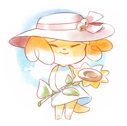 Size: 481x478 | Tagged: safe, artist:somsomik, isabelle (animal crossing), canine, dog, mammal, shih tzu, anthro, animal crossing, nintendo, clothes, dress, eyes closed, female, flower, hat, low res, simple background, solo, solo female, sunflower, tail, white background