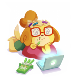 Size: 390x411 | Tagged: safe, artist:somsomik, isabelle (animal crossing), canine, dog, mammal, shih tzu, anthro, animal crossing, nintendo, eating, female, glasses, laptop, low res, lying down, meganekko, pillow, pocky, prone, simple background, solo, solo female, tail, white background