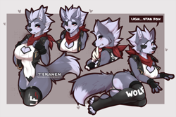 Size: 1200x800 | Tagged: safe, artist:teranen, wolf o'donnell (star fox), canine, mammal, wolf, anthro, nintendo, star fox, 2021, bandanna, big breasts, black nose, blep, blushing, border, breasts, butt, cleavage, clothes, dialogue, eyepatch, female, fingerless gloves, fur, gloves, gray body, gray fur, hair, heart, jacket, legwear, looking at you, love heart, multicolored fur, red eyes, rule 63, smiling, solo, solo female, speech bubble, talking, thigh highs, toeless legwear, tongue, tongue out, topwear, two toned body, two toned fur, white body, white fur, white hair, wolfess o'donnell