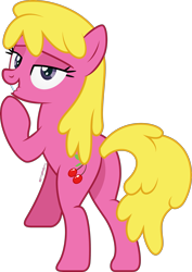 Size: 1681x2373 | Tagged: safe, artist:thatusualguy06, cherry berry (mlp), earth pony, equine, fictional species, mammal, pony, feral, friendship is magic, hasbro, my little pony, bedroom eyes, biting, butt, female, lip biting, looking at you, mare, natg 2021, newbie artist training grounds, on model, simple background, solo, solo female, transparent background, vector