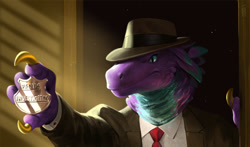 Size: 1249x735 | Tagged: safe, artist:madness_demon, dinosaur, raptor, theropod, anthro, badge, clothes, female, hat, necktie, solo, solo female, suit