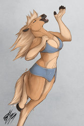 Size: 1000x1500 | Tagged: safe, artist:lizet, oc, oc:amy (lizet), equine, horse, mammal, anthro, unguligrade anthro, 2019, bikini, blonde hair, blonde mane, blue eyes, bottomwear, bra, breasts, clothes, ears, female, fur, gray background, hair, hooves, mane, mare, open mouth, signature, simple background, skirt, solo, solo female, swimsuit, tail, tan body, tan fur, tongue, underwear