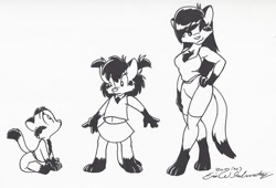 Size: 989x673 | Tagged: safe, artist:eric w schwartz, oc, oc:rita blue, cat, feline, mammal, anthro, digitigrade anthro, 2010, age progression, baby, big breasts, black and white, black body, black fur, black hair, bottomwear, breasts, character sheet, chest fluff, child, cleavage, cleavage fluff, clothes, commission, commissioner:draegwolf, dipstick tail, eyelashes, female, fluff, fur, grayscale, hair, hand on hip, kitten, long hair, looking at each other, looking sideways, marker drawing, monochrome, pigtails, shorts, signature, sitting, skirt, socks (coat markings), solo, solo female, standing, tail, teenager, topwear, traditional art, young