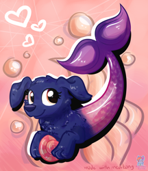 Size: 1336x1548 | Tagged: safe, artist:rainbow eevee, canine, dog, fictional species, fish, mammal, feral, 2d, awww, bubbles, cool background, cute, detailed, digital art, female, fins, fish tail, fur, grin, heart, looking up, medibang paint, orange background, pink background, puppy, purple body, purple fur, red eyes, scales, seashell, seaweed, simple background, smiling, solo, solo female, tail, young