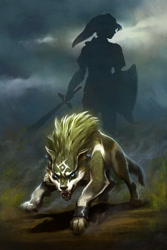Size: 816x1224 | Tagged: safe, artist:tamberella, link (wolf form), link (zelda), canine, elf, fictional species, hylian, mammal, wolf, feral, humanoid, nintendo, the legend of zelda, the legend of zelda: twilight princess, duo, duo male, male, males only, solo focus
