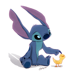 Size: 2500x2500 | Tagged: safe, artist:pointedfox, stitch (lilo & stitch), alien, bird, duck, experiment (lilo & stitch), fictional species, waterfowl, feral, disney, lilo & stitch, 2017, 3 toes, ambiguous gender, back marking, black eyes, blue body, blue claws, blue fur, blue nose, blue paw pads, claws, digital art, duo, duo ambiguous, ears, feathers, fluff, fur, head fluff, high res, short tail, signature, simple background, size difference, smiling, tail, toe claws, torn ear, white background, yellow feathers