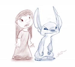 Size: 2048x1828 | Tagged: safe, artist:pointedfox, lilo pelekai (lilo & stitch), stitch (lilo & stitch), alien, experiment (lilo & stitch), fictional species, human, mammal, anthro, disney, lilo & stitch, 2017, 4 fingers, 5 fingers, ambiguous gender, angry, bangs, clothes, duo, ears, female, fur, hair, long ears, long hair, muumuu, open frown, open mouth, raised inner eyebrows, sandals, shoes, signature, simple background, sketch, torn ear, white background