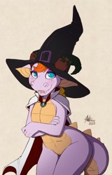 Size: 1127x1762 | Tagged: safe, artist:antiroodraws, fictional species, kobold, reptile, anthro, cloak, clothes, featureless crotch, female, hat, horns, solo, solo female, tail, witch hat
