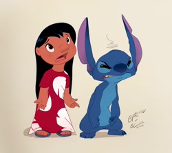 Size: 2048x1828 | Tagged: safe, artist:ciderbunart, artist:pointedfox, collaboration, lilo pelekai (lilo & stitch), stitch (lilo & stitch), alien, experiment (lilo & stitch), fictional species, human, mammal, semi-anthro, disney, lilo & stitch, 2017, 2d, 4 fingers, 4 toes, 5 fingers, 5 toes, angry, bangs, black eyes, black hair, blue body, blue claws, blue fur, blue nose, blue paw pads, child, claws, clothes, duo, duo male and female, ears, female, fur, hair, long ears, long hair, male, muumuu, open frown, open mouth, raised inner eyebrows, sandals, shoes, signature, simple background, torn ear, white background, young