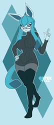 Size: 1000x2309 | Tagged: safe, alternate version, artist:complextree, oc, oc only, eeveelution, fictional species, glaceon, mammal, anthro, digitigrade anthro, nintendo, pokémon, 2020, big breasts, bottomwear, breasts, clothes, commission, digital art, ears, eyelashes, female, fur, gesture, glasses, hair, hand on hip, legwear, looking at you, pants, peace sign, shirt, simple background, solo, solo female, stockings, tail, thighs, topwear, wide hips
