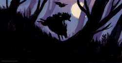 Size: 1000x521 | Tagged: safe, artist:vmaderna, bat, boar, fictional species, goblin, mammal, feral, humanoid, female, full moon, group, long nose, moon, night, silhouette, tree, trio, woods