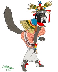 Size: 1024x1280 | Tagged: safe, artist:ohs688, xochiquetzal, canine, mammal, wolf, anthro, aztec, clothes, dress, female, furrified, simple background, solo, solo female, white background