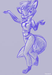 Size: 600x857 | Tagged: safe, artist:timothybh, rita (jungledyret), canine, fox, mammal, anthro, jungledyret, barefoot, belly button, breasts, cleavage, feet, female, looking at you, smiling, smiling at you, solo, solo female, teenager, toes, vixen, wide hips