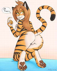 Size: 840x1050 | Tagged: suggestive, artist:evily arts, flora (twokinds), big cat, dragon, feline, fictional species, hybrid, keidran, mammal, tiger, anthro, digitigrade anthro, twokinds, 2021, adorasexy, breasts, brown hair, butt, chest fluff, cute, cute little fangs, dipstick tail, dragoness, eyebrows, eyelashes, fangs, featureless crotch, female, fluff, fur, fusion, hair, horns, kneeling, long hair, looking at you, looking back, looking back at you, orange body, orange fur, paw pads, paws, rear view, sexy, sharp teeth, shoulder fluff, smiling, smiling at you, solo, solo female, speech bubble, striped fur, striped tail, stripes, tail, teeth, underpaw, white body, white fur, yellow eyes