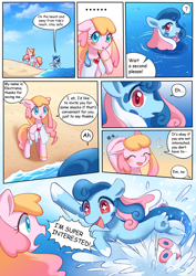 Size: 2480x3508 | Tagged: safe, artist:brony_festival, oc, oc:electronia, oc:lyre wave, earth pony, equine, fictional species, mammal, pony, sea pony, comic:electrowave, hasbro, my little pony, my little pony (g1), beach, china, duo, duo female, eyes closed, female, females only, high res, mascot, open mouth, qingdao, qingdao brony festival