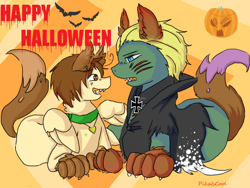 Size: 800x600 | Tagged: safe, artist:ask-pony-gerita, earth pony, equine, fictional species, mammal, pegasus, pony, hasbro, my little pony, animal costume, animal ears, ask, clothes, collar, costume, duo, duo male and female, female, germany, happy halloween, hetalia, italy, jewelry, male, mare, necklace, ponified, pumpkin, smiling, stallion, vegetables