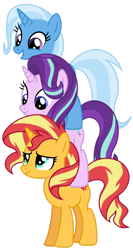 Size: 1024x1932 | Tagged: safe, artist:emeraldblast63, starlight glimmer (mlp), sunset shimmer (mlp), trixie (mlp), equine, fictional species, mammal, pony, unicorn, feral, friendship is magic, hasbro, my little pony, female, females only, mare, on model, simple background, stacked, transparent background, trio, trio female