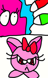 Size: 664x1082 | Tagged: safe, artist:sugarbugjewelpet, garnet (jewelpet), cat, feline, fictional species, goomba (mario), mammal, monster, ambiguous form, feral, semi-anthro, jewelpet (sanrio), mario (series), sanrio, bow, crossover, ears, female, goombafied, magic, simple background, solo, solo female, transformation, white background