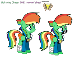Size: 1768x1352 | Tagged: safe, artist:lightning-chaseryt, oc, oc:lightning chaser, equine, fictional species, mammal, pegasus, pony, hasbro, my little pony, 2021, blue eyes, colored outline, colored wings, face mask, fur, green body, green fur, green outline, hair, multicolored wings, ponysona, quadrupedal, rainbow hair, rainbow tail, reference sheet, simple background, smiling, tail, transparent background, wings
