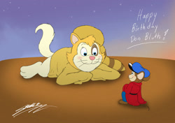 Size: 1966x1385 | Tagged: safe, artist:sagadreams, fievel mousekewitz (an american tail), cat, feline, mammal, mouse, rodent, anthro, feral, an american tail, rock-a-doodle, sullivan bluth studios, blue eyes, blushing, crossover, duo, duo male, edmond (rock-a-doodle), kitten, looking at each other, male, males only, murine, size difference, young