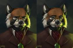 Size: 1280x853 | Tagged: safe, artist:shamerli, mammal, red panda, anthro, blep, clothes, glasses, jewelry, male, necklace, round glasses, solo, solo male, suit, tongue, tongue out