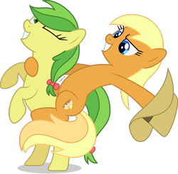 Size: 2126x2086 | Tagged: safe, artist:thatusualguy06, apple cobbler (mlp), apple fritter (mlp), earth pony, equine, fictional species, mammal, pony, feral, friendship is magic, hasbro, my little pony, atg 2021, clothes, cowboy hat, duo, duo female, eyelashes, female, females only, gritted teeth, hat, high res, hooves, looking at each other, mare, newbie artist training grounds, on model, one eye closed, ponies riding ponies, raised hoof, riding, simple background, teeth, transparent background, vector, winking