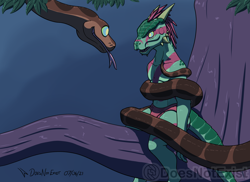 Size: 2000x1455 | Tagged: suggestive, artist:doesnotexist, kaa (the jungle book), oc, oc:shows-his-scales, argonian, fictional species, reptile, snake, anthro, feral, disney, the elder scrolls, the jungle book, brown scales, clothes, coiling, countershading, duo, duo male, forked tongue, green scales, hypnosis, hypnotic eyes, kaa eyes, male, males only, mind control, open mouth, scales, signature, subscribestar, tail, tongue, tongue out, underwear, watermark