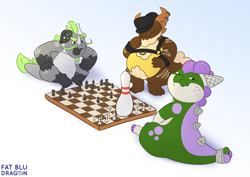 Size: 3508x2480 | Tagged: safe, artist:fatbludragon, oc, fictional species, kobold, reptile, anthro, agender, bear community, bowling pin, cakebold, chess, genderqueer, high res, pride, pride month, smug