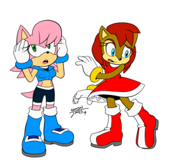 Size: 1565x1492 | Tagged: safe, artist:leatherruffian, amy rose (sonic), princess sally acorn (sonic), chipmunk, hedgehog, mammal, rodent, anthro, archie sonic the hedgehog, sega, sonic the hedgehog (series), 2014, boots, bottomwear, clothes, clothing swap, confused, crop top, dress, duo, female, green eyes, midriff, shoes, shorts, simple background, tail, teal eyes, topwear, white background