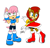 Size: 1565x1492 | Tagged: safe, artist:leatherruffian, amy rose (sonic), princess sally acorn (sonic), chipmunk, hedgehog, mammal, rodent, anthro, archie sonic the hedgehog, sega, sonic the hedgehog (series), 2014, boots, bottomwear, clothes, clothing swap, confused, crop top, dress, duo, female, green eyes, midriff, shoes, shorts, simple background, tail, teal eyes, topwear, white background