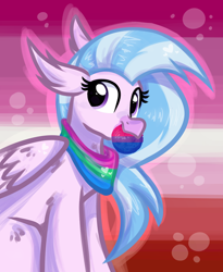 Size: 900x1100 | Tagged: safe, artist:rainbow eevee, silverstream (mlp), bird, equine, fictional species, hippogriff, mammal, friendship is magic, hasbro, my little pony, 2021, 2d, bisexual, bisexual pride flag, cookie, cute, digital art, female, flag, folded wings, food, hair, holding, lesbian pride flag, looking at you, medibang paint, mouth hold, multicolored hair, pink body, polysexual, polysexual pride flag, pride, pride flag, pride month, purple eyes, solo, solo female, two toned hair, ungulate, wings