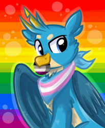 Size: 900x1100 | Tagged: safe, artist:rainbow eevee, gallus (mlp), bird, feline, fictional species, gryphon, mammal, friendship is magic, hasbro, my little pony, 2021, 2d, asexual pride flag, bandanna, blue body, blue eyes, clothes, cookie, cute, digital art, flag, food, gay pride flag, holding, looking at you, male, medibang paint, mouth hold, pale belly, pride, pride flag, pride month, solo, solo male, transgender, transgender pride flag