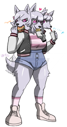 Size: 348x658 | Tagged: safe, artist:karlwarrior47, oc, oc only, canine, cerberus, fictional species, mammal, anthro, plantigrade anthro, bottomwear, bow, breasts, clothes, disembodied hand, drink, drinking, female, french fries, hair, hair bow, hamburger, heart, jacket, love heart, magenta eyes, multiple heads, onomatopoeia, shoes, shorts, simple background, socks, solo, solo female, tail, tail wag, text, three heads, topwear, transparent background, watermark
