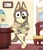 Size: 875x1020 | Tagged: safe, artist:fethyrbink, alfie (bluey), canine, dingo, lizard, mammal, reptile, feral, semi-anthro, bluey (series), 2020, brown body, brown fur, chair, clothes, detailed background, eyebrows, fur, holding, indoors, looking at you, male, on model, shirt, solo, solo male, teenager, topwear