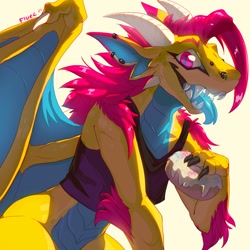 Size: 1280x1280 | Tagged: safe, artist:fivel, dragon, fictional species, anthro, doughnut, female, food, horns, open mouth, sharp teeth, solo, solo female, teeth, tongue, tongue out, top, wings