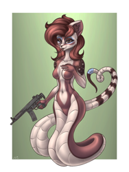 Size: 1500x2000 | Tagged: safe, artist:catd, oc, oc only, oc:margaret never, cat, feline, fictional species, hybrid, mammal, reptile, snake, anthro, lamia, breasts, featureless breasts, featureless crotch, female, hk 53, looking at you, signature, solo, solo female, tongue, tongue out, weapon