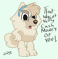 Size: 1167x1187 | Tagged: safe, artist:plinko, judo (bluey), canine, dog, mammal, semi-anthro, bluey (series), 2019, 2d, chow chow, dialogue, female, front view, looking at you, open mouth, solo, solo female, tail, talking, talking to viewer, three-quarter view