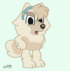 Size: 1167x1187 | Tagged: safe, alternate version, artist:plinko, judo (bluey), canine, dog, mammal, semi-anthro, bluey (series), 2019, 2d, chow chow, female, front view, looking at you, open mouth, solo, solo female, tail, three-quarter view