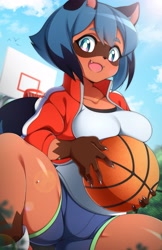 Size: 2650x4096 | Tagged: safe, artist:totallyiryanic, michiru kagemori (bna), canine, mammal, raccoon dog, anthro, bna: brand new animal, netflix, 2021, adorasexy, ball, basket, basketball, basketball rim, big breasts, black nose, blue eyes, blue hair, bottomwear, breast rest, breasts, clothes, cute, cute little fangs, eyebrows, eyelashes, fangs, gloves (arm marking), hair, high res, jacket, looking at you, mask (facial marking), multicolored eyes, multicolored hair, open mouth, open smile, outdoors, sexy, shirt, shorts, smiling, smiling at you, sneakers, socks (leg marking), solo, sports shorts, sweat, teeth, thick thighs, thighs, tongue, topwear, two toned eyes, two toned hair