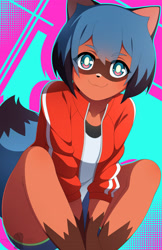 Size: 1920x2968 | Tagged: safe, artist:iryanic, michiru kagemori (bna), canine, mammal, raccoon dog, anthro, bna: brand new animal, 2020, black nose, blue eyes, blue hair, bottomwear, clothes, ears, eyebrows, eyelashes, female, gloves (arm marking), hair, jacket, looking at you, mask (facial marking), multicolored eyes, multicolored hair, shirt, shorts, sitting, smiling, smiling at you, socks (leg marking), solo, solo female, sports shorts, tail, thighs, topwear, two toned eyes, two toned hair