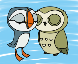Size: 2701x2220 | Tagged: safe, artist:caspyartist, oona (puffin rock), bird, bird of prey, owl, puffin, feral, cartoon saloon, puffin rock, 2d, chick, duo, duo male and female, eyes closed, female, high res, male, otto (puffin rock), owlet, puffling, smiling, young
